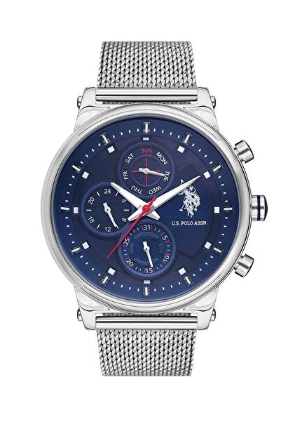 U.S. Polo Assn. USPA Analog Men's Watch - Blue Dial, Silver Mesh Band, 46 mm