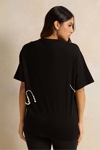 REDTAG Women Black Pearl Beaded T-shirt