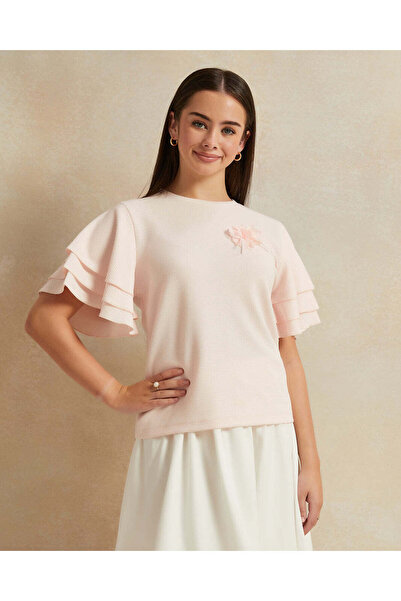 REDTAG Senior Girls Peach Ruffled Sleeve Top With Flower