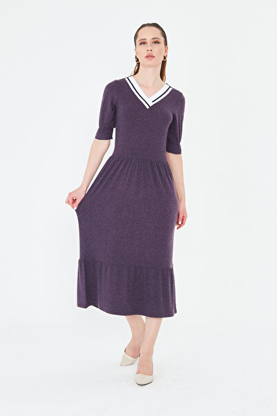 ESPİNA Women's Knitwear Banded V-Neck Short Sleeve Wool Viscose Dress