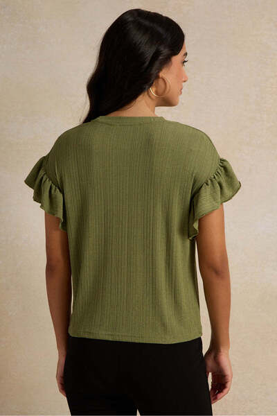 REDTAG Women Green Ruffle Sleeve Top