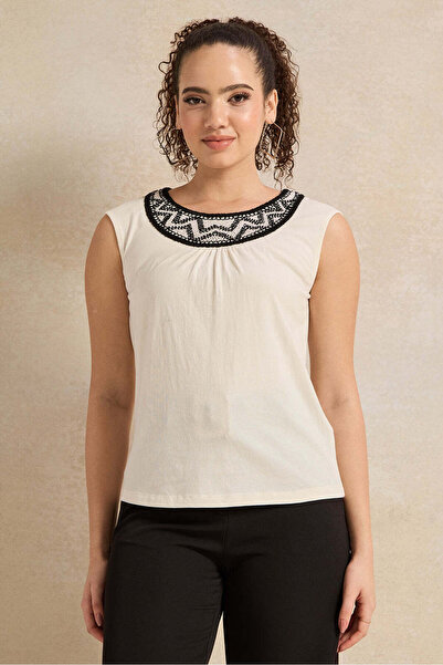 REDTAG Women Ivory Crochet Neck Knit Top