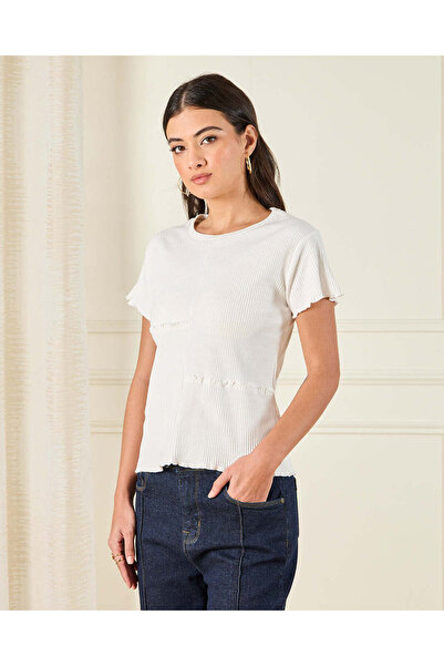 REDTAG Women Cream Ribbed Top