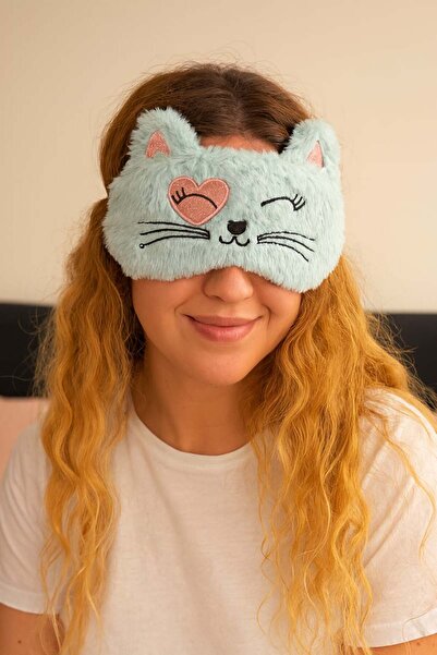 TAKIŞTIR عصابة رأس للنوم من القطيفة باللون الأزرق مع شكل قطة