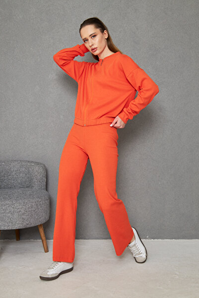 ESPOİRPLUS Women's Orange Color Ribbed Knit Pants Bomber Jacket Bottom Top Set