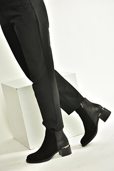 Fox Shoes V555559502 Black Genuine Leather Suede Thick Heeled Women's Boots