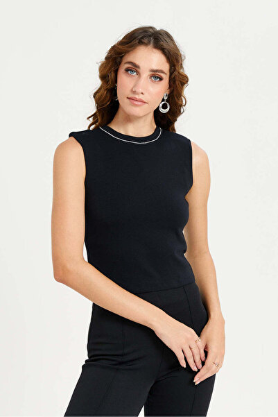 REDTAG Women Black Rhinestone Detail Sleeveless Top