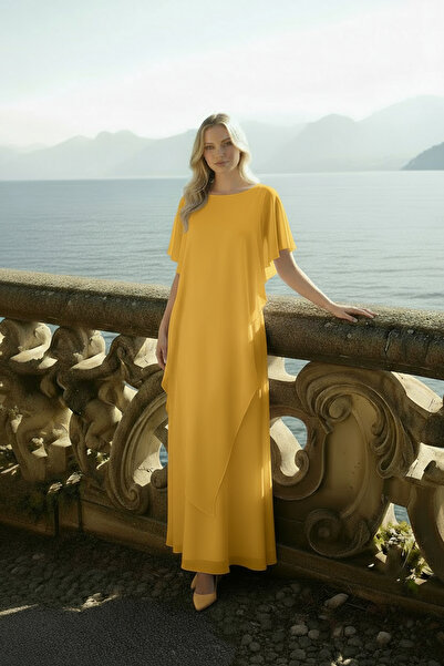 Romina Celeste Kelebek Kol Uzun Abiye Şifon Davet ve Düğün Elbisesi