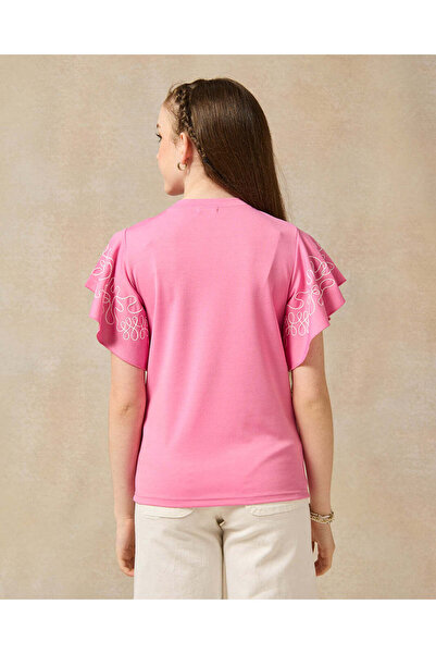 REDTAG Senior Girls Pink Ruffled Embroidered Sleeve Top