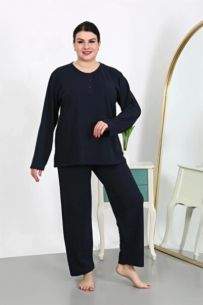 alfa expres Clothing Women's Plus Size Long Sleeve Combed Cotton Pajama Set Navy Blue