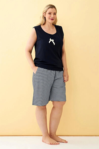 alfa expres Clothing Women's Navy Blue Ribbon Detailed Shorts Plus Size Pajama Set