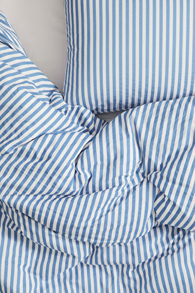 Perotti Natural Ranforce Blue Striped Double Duvet Cover Set 100% Organic Cotton