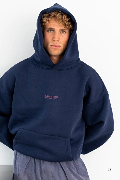 The Champ Clothing Ανδρικό φούτερ oversized με κουκούλα CHMP STUDIOS Navy Blue – με κουκούλα , 3 Thread Fleece, Τσέπη καγκουρό