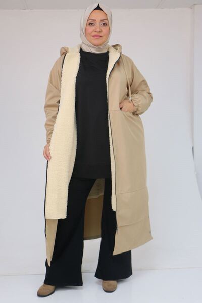 Eslina 43062 Plus Size Hooded Bondit Cap with Elastic Sleeves - Beige