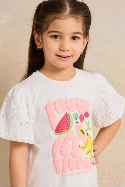 REDTAG Girls White Schiffli Frill Printed Top