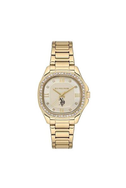 U.S. Polo Assn. ساعة ستايل تناظرية بمينا ذهبي وسوار من الفولاذ المقاوم للصدأ ...
