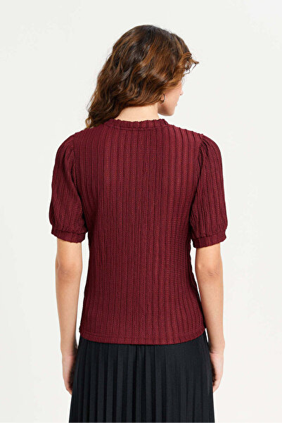 REDTAG Women Burgundy Textured Puff Sleeve Top