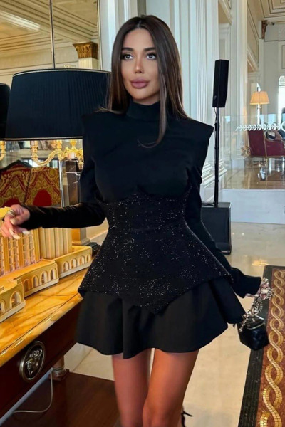 cemo Long Sleeve Sparkle Mini Dress - Women's with Crystal Diamond Detail