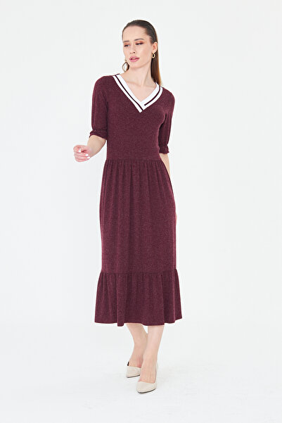 ESPİNA Women's Knitwear Banded V-Neck Short Sleeve Wool Viscose Dress