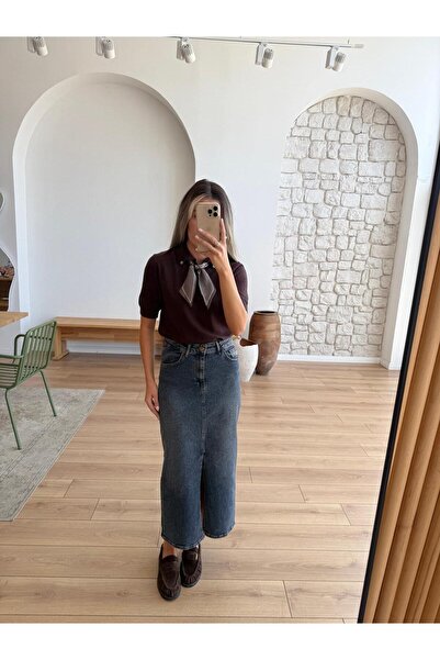 MODAMERSİ Pulover tricotat cu mânecă scurtă, maro, cu guler polo, pentru femei