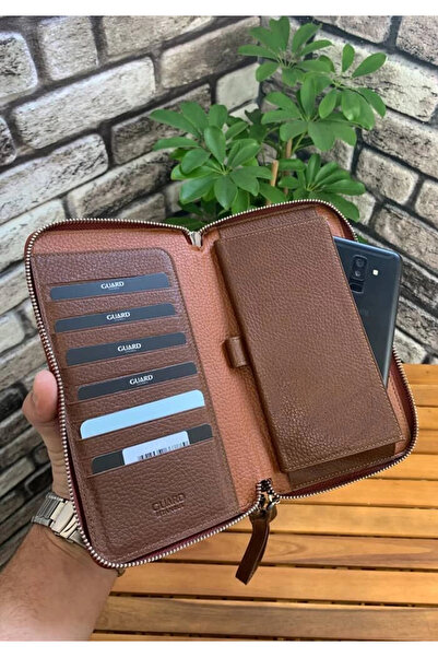 GUARD Çift Fermuarlı Taba Deri El Çantası