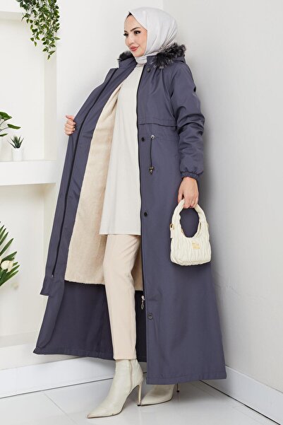 hafsamina Full Length Bondit Coat with Fur Inside Smoked Hm2331