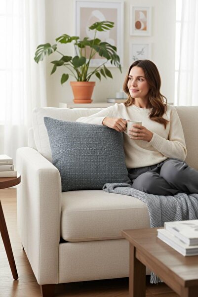 ANJEAHOME Moselle Natural Patterned Gray Cushion Cover 45X45 cm |   Washable Fabric, Durable and Stylish Design