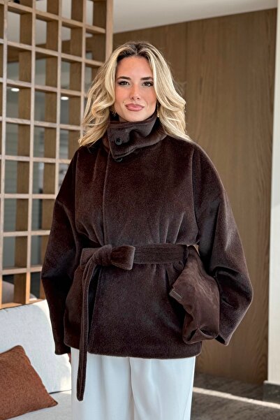 Laluvia Bitter Brown Collared Buttoned Belted Plush Jacket - 1624