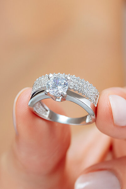 OSMANLI GÜMÜŞ Kadın Gümüş Yüzük - Üç Sıra Tektaş Zirkon Taşlı Kombin Kadın Gü...