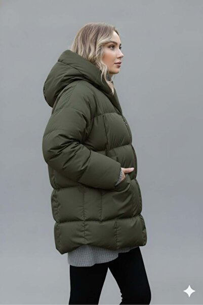 Afri Women's Khaki Hooded Puffer Coat – Oversized Winter Thick Coat – Cold-Proof Puffer Coat