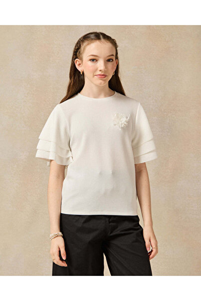 REDTAG Senior Girls White Ruffled Sleeve Embellished With Flower Top