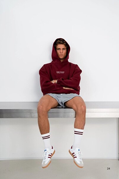 The Champ Clothing Ανδρικό φούτερ oversized με κουκούλα CHMP Summer με τύπωμα Claret Red – με κουκούλα , 3 Thread Fleece, Τσέπη καγκουρό