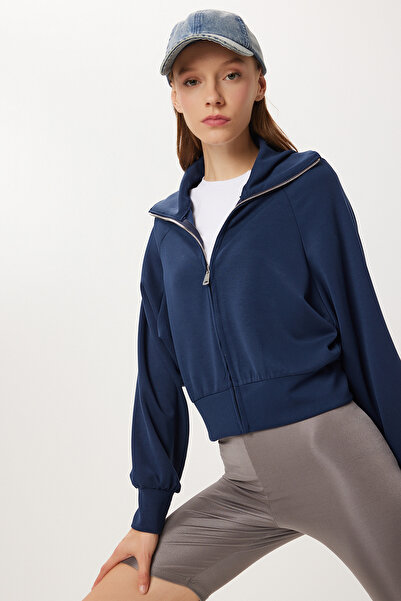 Lovelyİstanbul guler ridicat Modal Swea cu fermoar tricou LUB0308 ALBASTRU ÎNCHIS