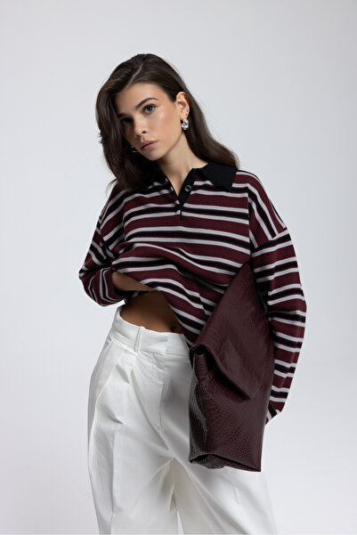 MAI STUDIOS CO. Πλεκτό πουλόβερ με γιακά πόλο σε μπορντό χρώμα Moss