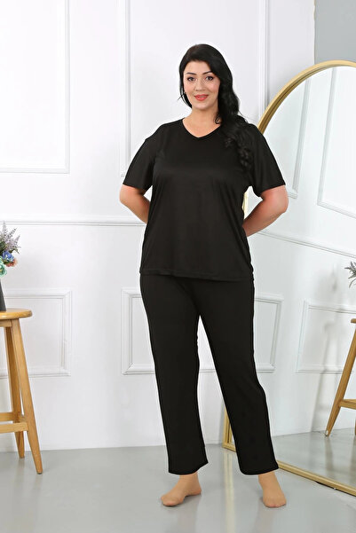 alfa expres Clothing Women's Plus Size Short Sleeve Combed Cotton Pajama Set Black