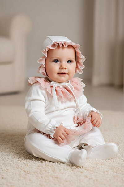 Şeker Tadında Tasarımlar Pudra Fırfırlı Bonet Şapkalı Tulum Set,Mevlüt Seti