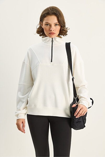 Bianco Lucci Women's Mock Neck Half Zipper Pocket Detailed Oversized Modal Sweatshirt 60601053