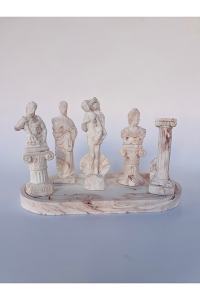 Sisay Home Stantlı Poseidon Antik Yunan Heykel Seti-Kahve Mermer Desen Dekoratif Set