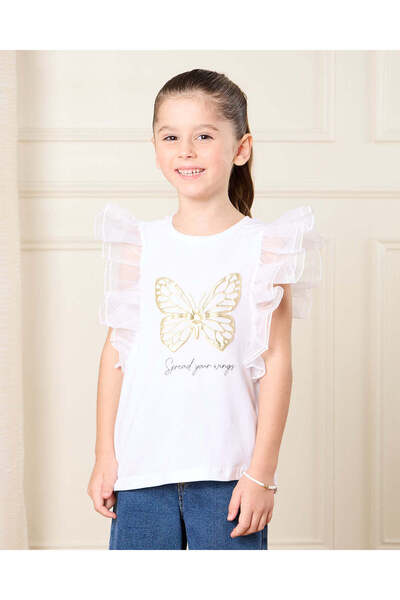 REDTAG Girls White Embellished With Organza Frill Sleeve Top