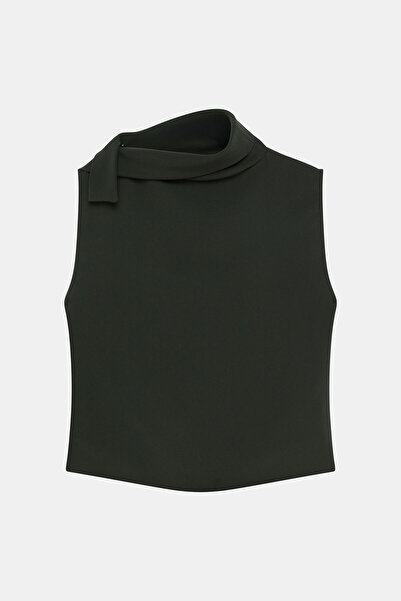 W Collection Khaki Sleeveless Degaje Collar Blouse