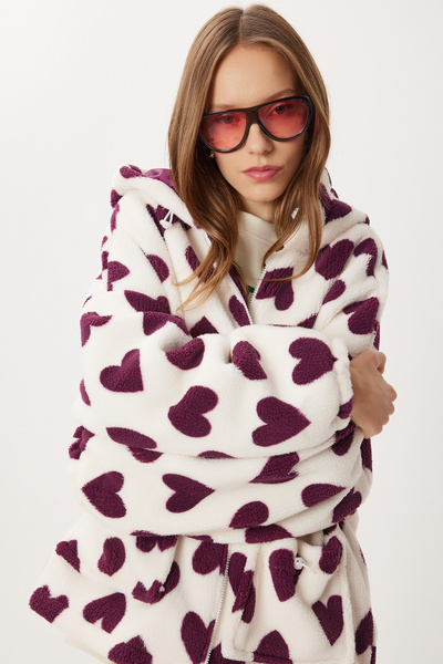 Lovelyİstanbul Плюшено палто с качулка и сърцевиден мотив LRI0005 ЛИЛАВО БЕЖЕ