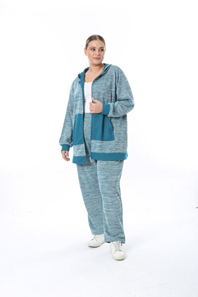 XL Modam Women's Plus Size Selanik Fabric Navy Blue Top and Bottom Set