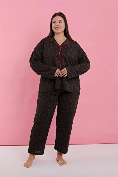 alfa expres Clothing Women's Plus Size Black Red Floral Buttoned Pajama Set