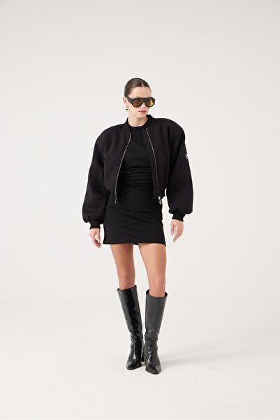 HOLLY LOLLY Crop Cut Shoulder Pad Piece Parker Bomber Jacket Black