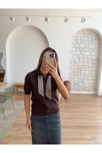 LE CARAMBOLE Women's Brown Polo Neck Scarf Short Sleeve Knitwear Sweater