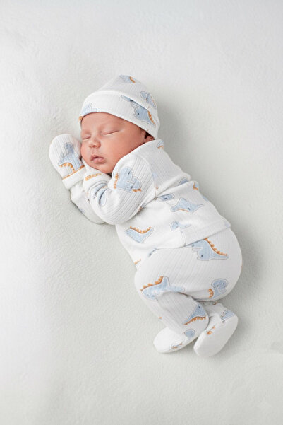 Çocuksan Baby&Kids Wear Erkek Bebek Mavi Dinazorlu Penye Hastane Çıkışı 5'li Set Takım - Zıbın, Organik Pamuk, Yumuşak