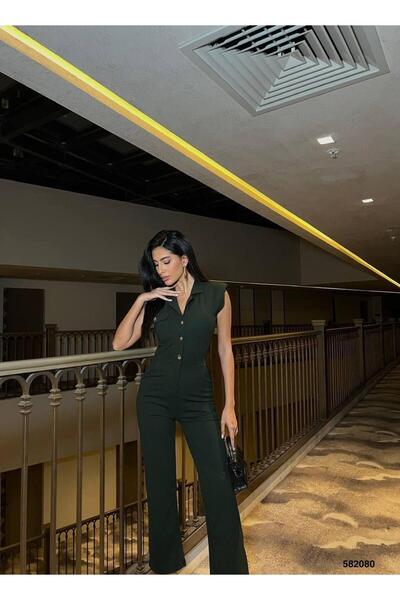 Modafeminen Women's Button Detail Shirt Collar Crepe Fabric Jumpsuit 582080 Khaki