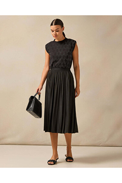 REDTAG Women Black Diamond Rhine Stone Heat Set Shoulder Padded Top