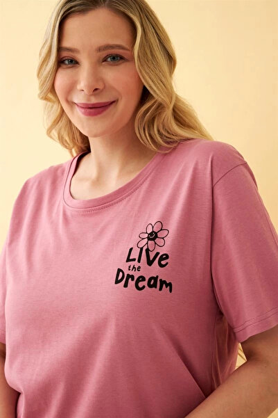 alfa expres Clothing Women's Salmon “Live the Dream” Lettering Large Size Capri Pajama Set