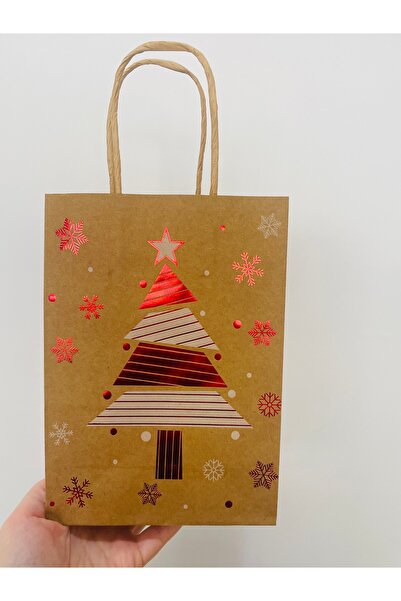 HUR-AY PACK YILBAŞI ÖZEL KÜÇÜK BOY KAĞIT ÇANTA - 3 FARKLI KIRMIZI BASKILI KRAFT SAPLI ÇANTA - 15X21 CM -SERİ 2